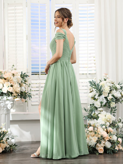 A-Line V-Neck Split Side Ruched Floor-Length Chiffon Bridesmaid Dresses