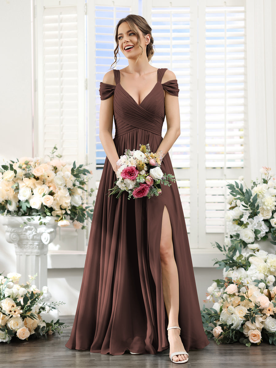 A-Line V-Neck Split Side Ruched Floor-Length Chiffon Bridesmaid Dresses