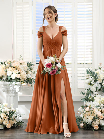 A-Line V-Neck Split Side Ruched Floor-Length Chiffon Bridesmaid Dresses