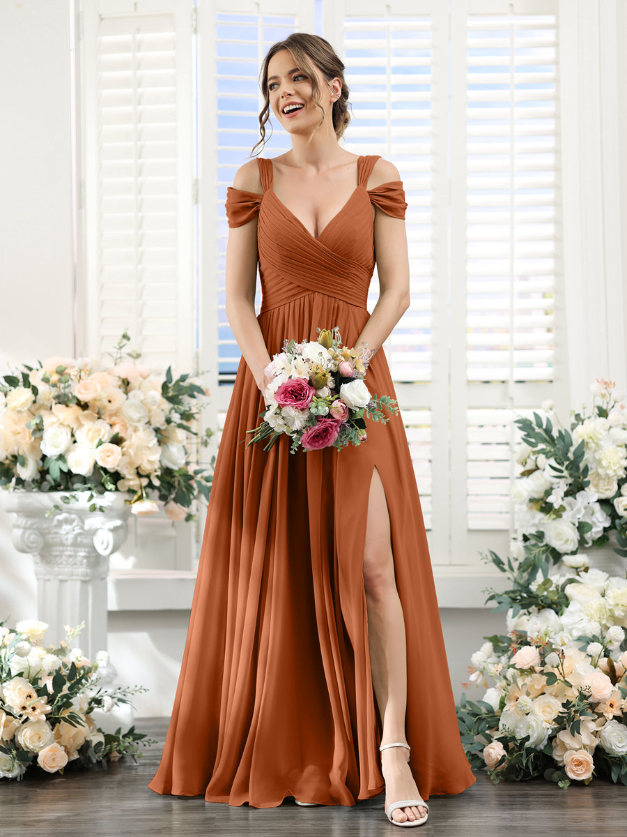 A-Line V-Neck Split Side Ruched Floor-Length Chiffon Bridesmaid Dresses