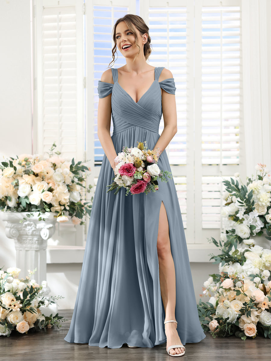 A-Line V-Neck Split Side Ruched Floor-Length Chiffon Bridesmaid Dresses