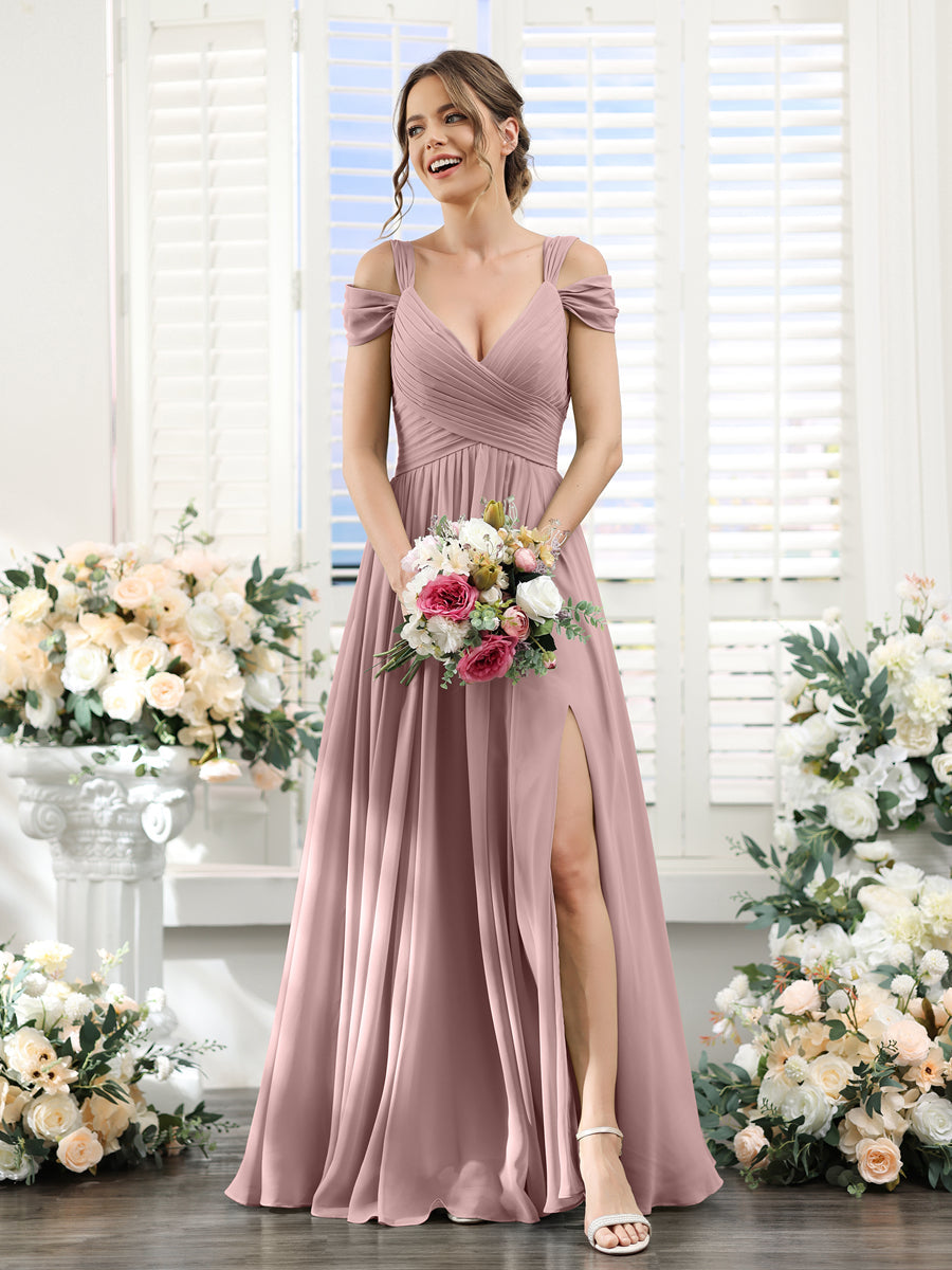 A-Line V-Neck Split Side Ruched Floor-Length Chiffon Bridesmaid Dresses