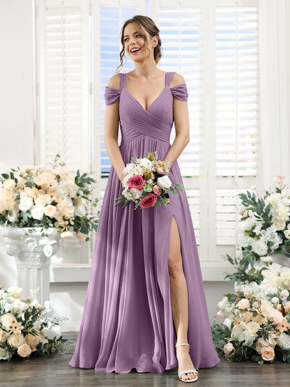 A-Line V-Neck Split Side Ruched Floor-Length Chiffon Bridesmaid Dresses