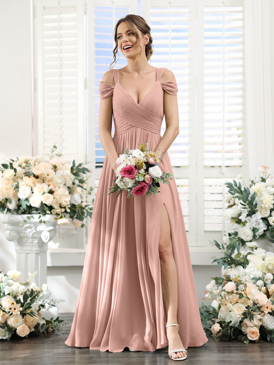 A-Line V-Neck Split Side Ruched Floor-Length Chiffon Bridesmaid Dresses