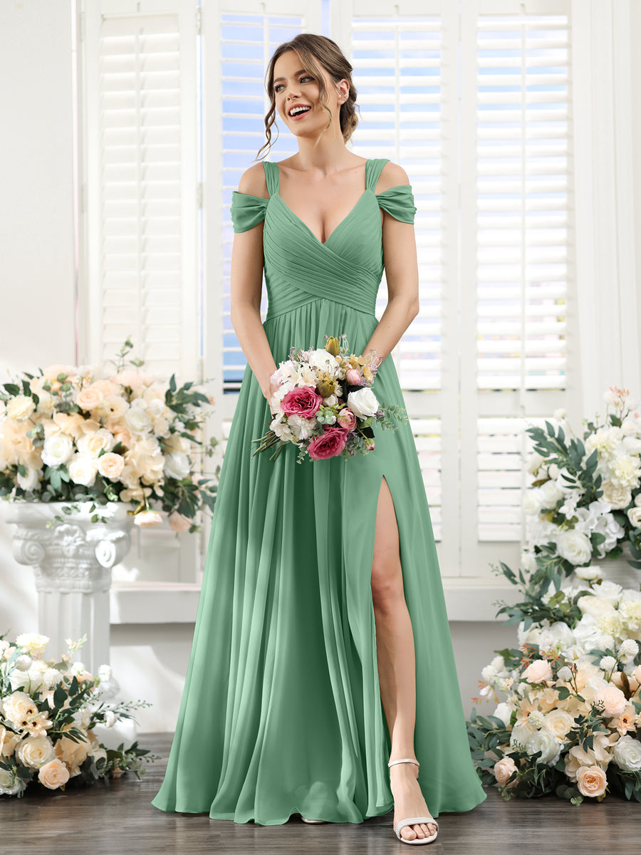 A-Line V-Neck Split Side Ruched Floor-Length Chiffon Bridesmaid Dresses