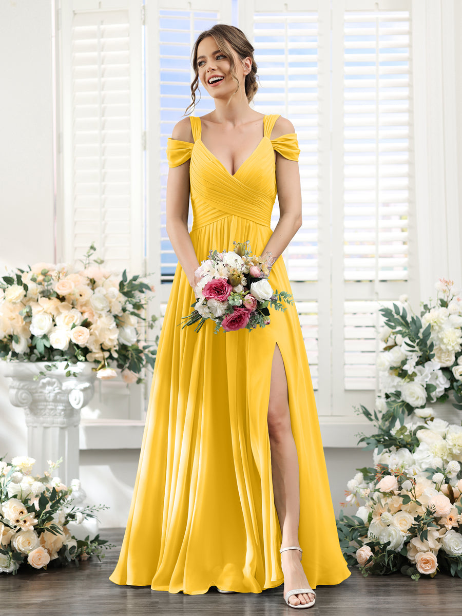 A-Line V-Neck Split Side Ruched Floor-Length Chiffon Bridesmaid Dresses