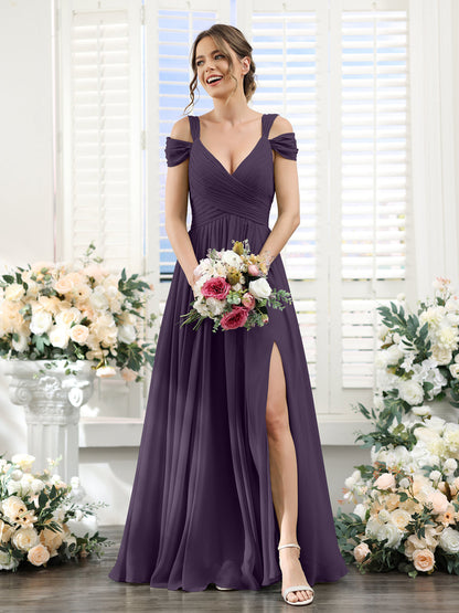 A-Line V-Neck Split Side Ruched Floor-Length Chiffon Bridesmaid Dresses