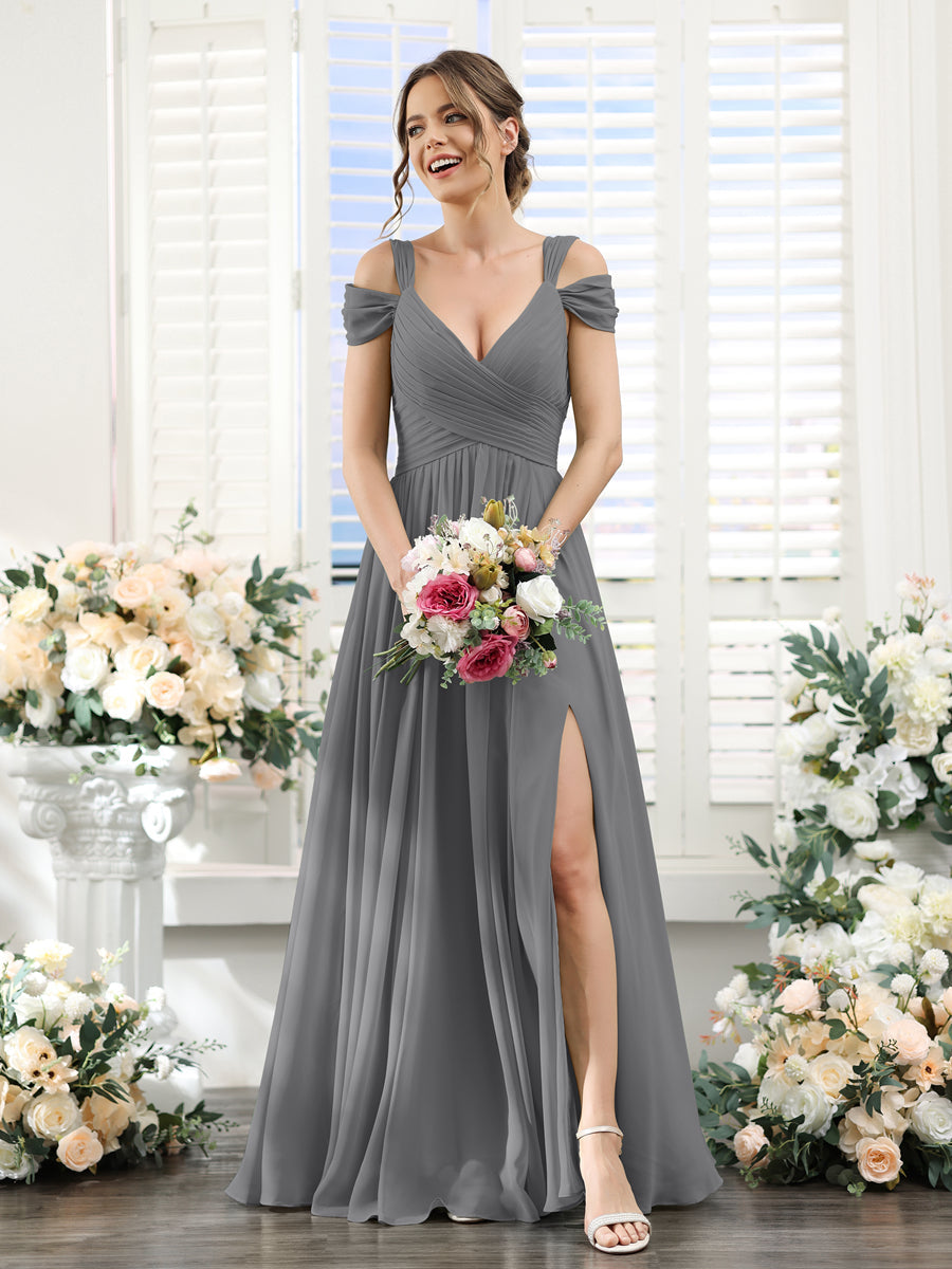 A-Line V-Neck Split Side Ruched Floor-Length Chiffon Bridesmaid Dresses