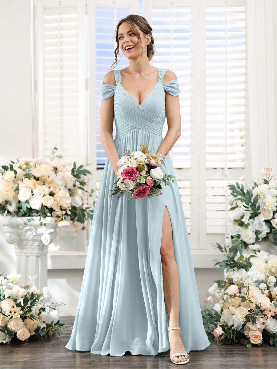 A-Line V-Neck Split Side Ruched Floor-Length Chiffon Bridesmaid Dresses