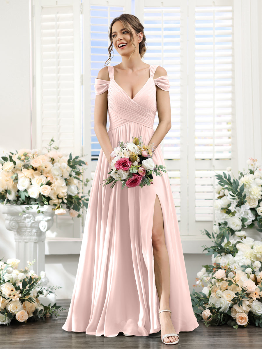 A-Line V-Neck Split Side Ruched Floor-Length Chiffon Bridesmaid Dresses