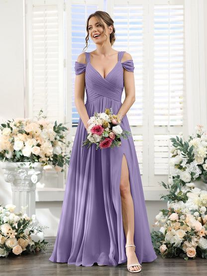 A-Line V-Neck Split Side Ruched Floor-Length Chiffon Bridesmaid Dresses