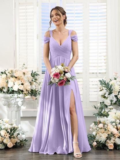 A-Line V-Neck Split Side Ruched Floor-Length Chiffon Bridesmaid Dresses