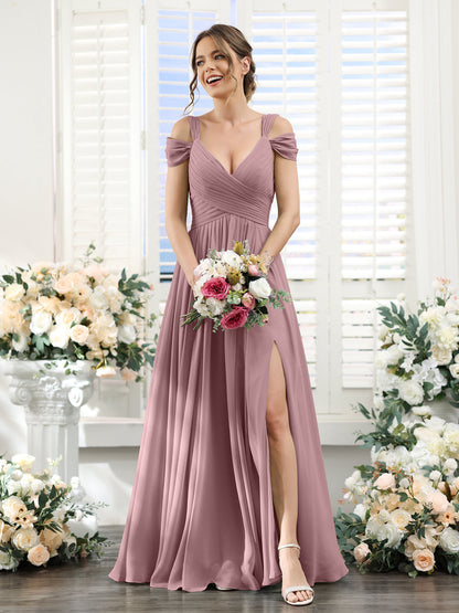 A-Line V-Neck Split Side Ruched Floor-Length Chiffon Bridesmaid Dresses