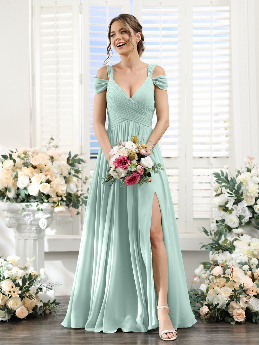 A-Line V-Neck Split Side Ruched Floor-Length Chiffon Bridesmaid Dresses