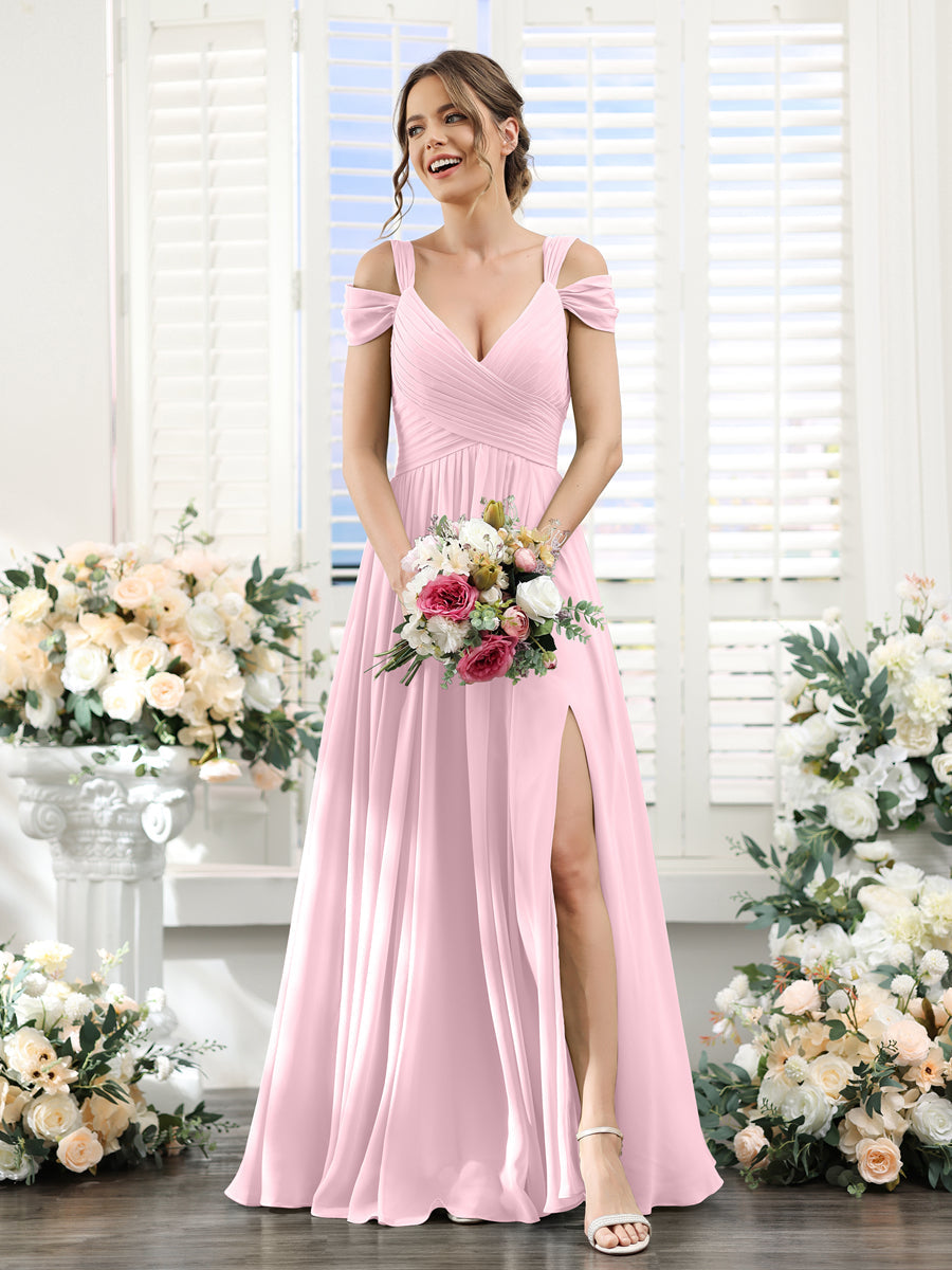 A-Line V-Neck Split Side Ruched Floor-Length Chiffon Bridesmaid Dresses