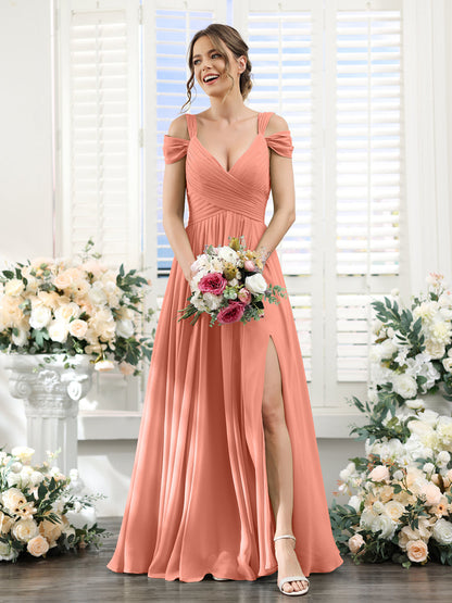 A-Line V-Neck Split Side Ruched Floor-Length Chiffon Bridesmaid Dresses