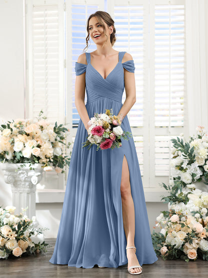 A-Line V-Neck Split Side Ruched Floor-Length Chiffon Bridesmaid Dresses