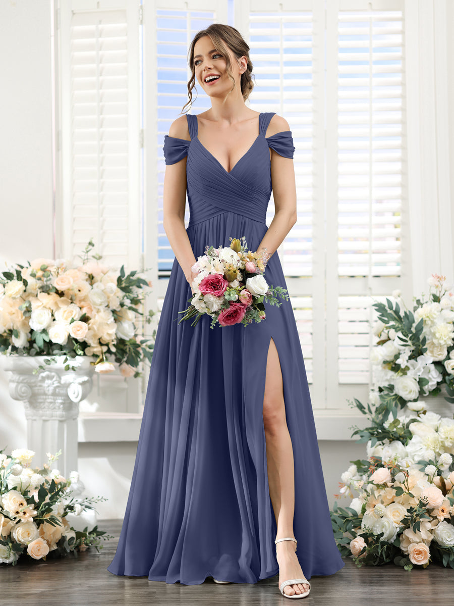 A-Line V-Neck Split Side Ruched Floor-Length Chiffon Bridesmaid Dresses