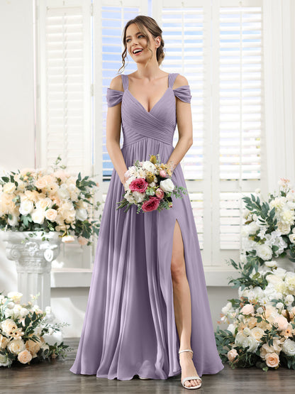 A-Line V-Neck Split Side Ruched Floor-Length Chiffon Bridesmaid Dresses