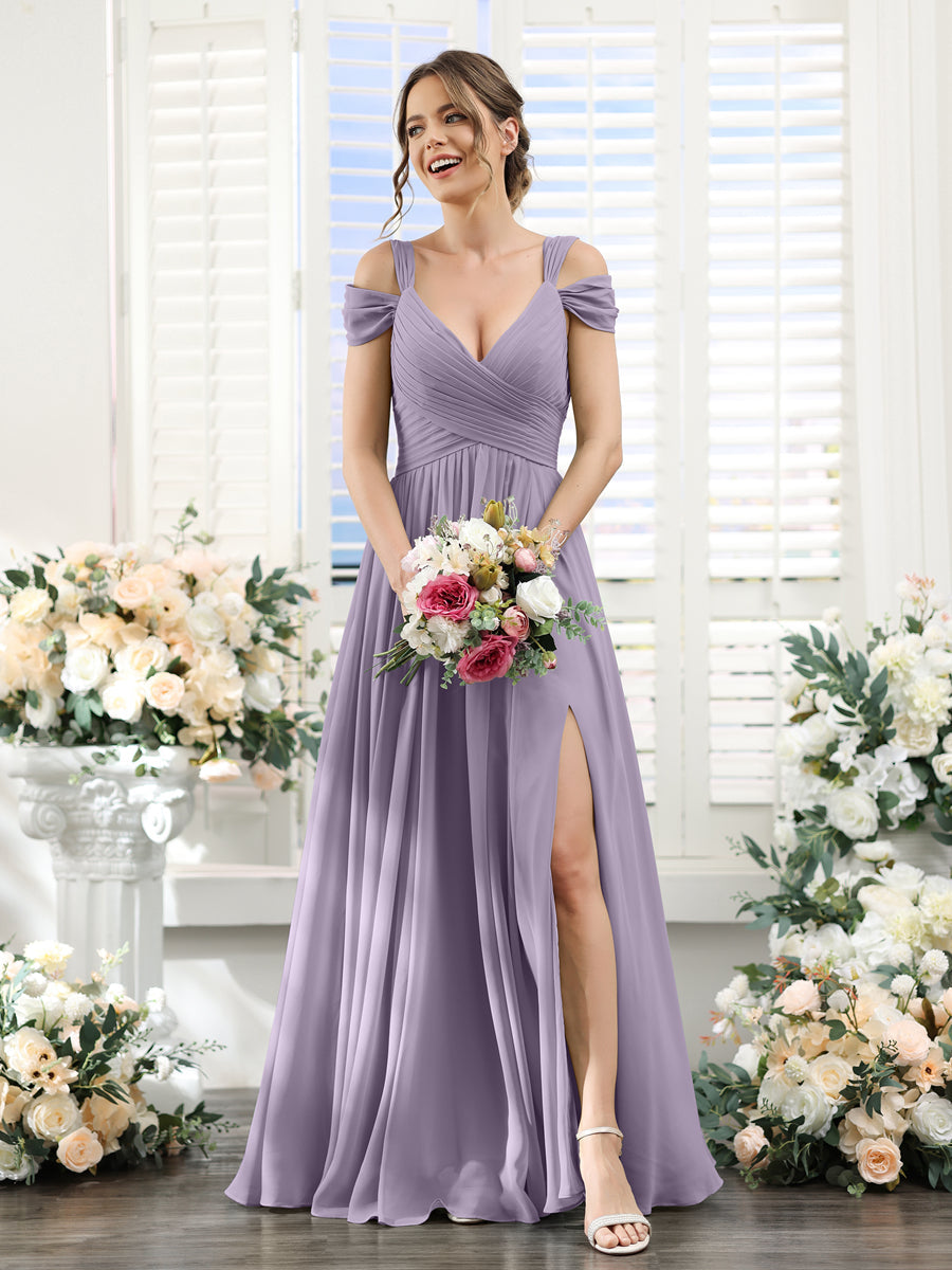 A-Line V-Neck Split Side Ruched Floor-Length Chiffon Bridesmaid Dresses