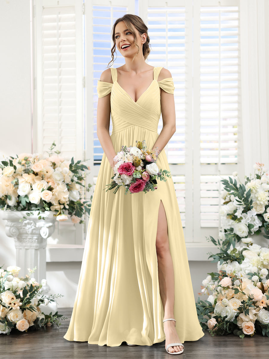 A-Line V-Neck Split Side Ruched Floor-Length Chiffon Bridesmaid Dresses