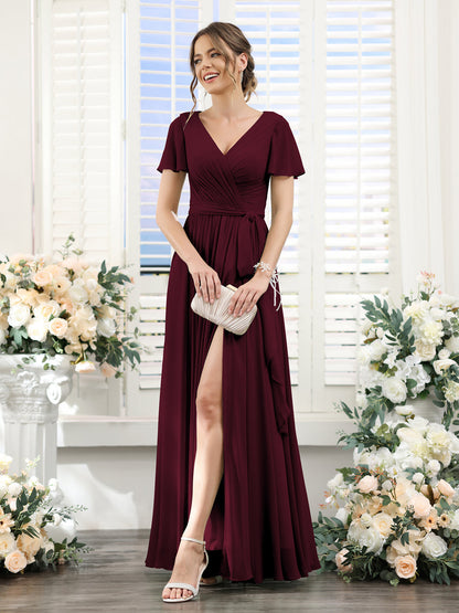 A-Line V-Neck Short Sleeves Split Side Ruched Floor-Length Chiffon Bridesmaid Dresses