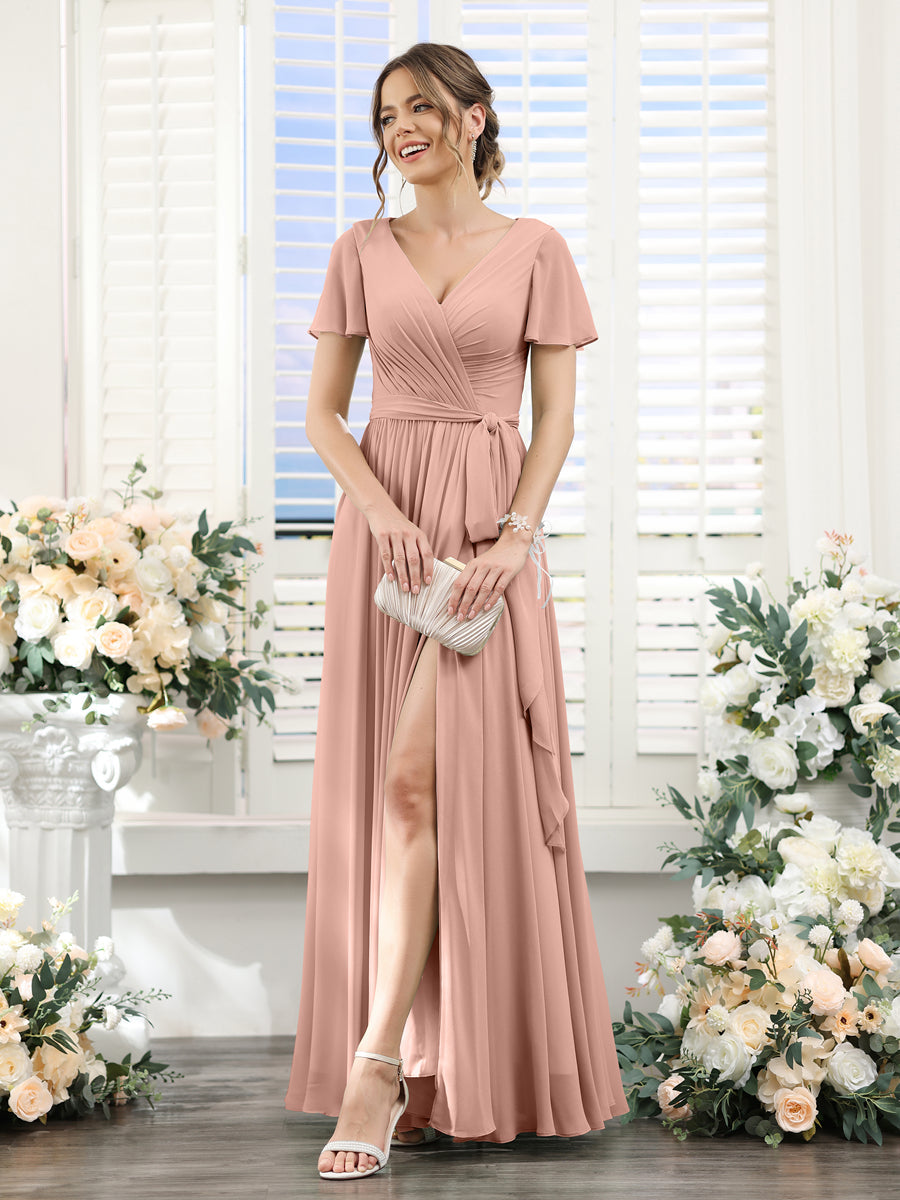 A-Line V-Neck Short Sleeves Split Side Ruched Floor-Length Chiffon Bridesmaid Dresses