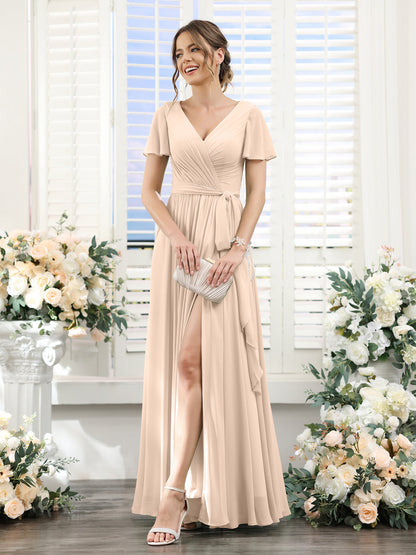 A-Line V-Neck Short Sleeves Split Side Ruched Floor-Length Chiffon Bridesmaid Dresses