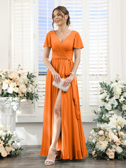 A-Line V-Neck Short Sleeves Split Side Ruched Floor-Length Chiffon Bridesmaid Dresses