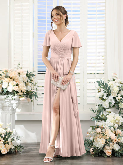 A-Line V-Neck Short Sleeves Split Side Ruched Floor-Length Chiffon Bridesmaid Dresses