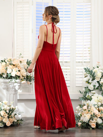 A-Line V-Neck Spaghetti Straps Sleeveless Split Side Floor-Length Velvet Dresses