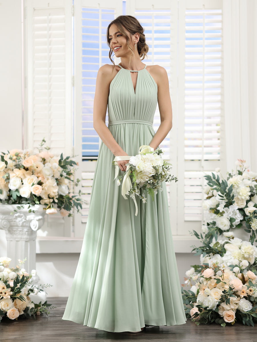 A-Line Halter Sleeveless Split Side Ruched Floor-Length Chiffon Bridesmaid Dresses