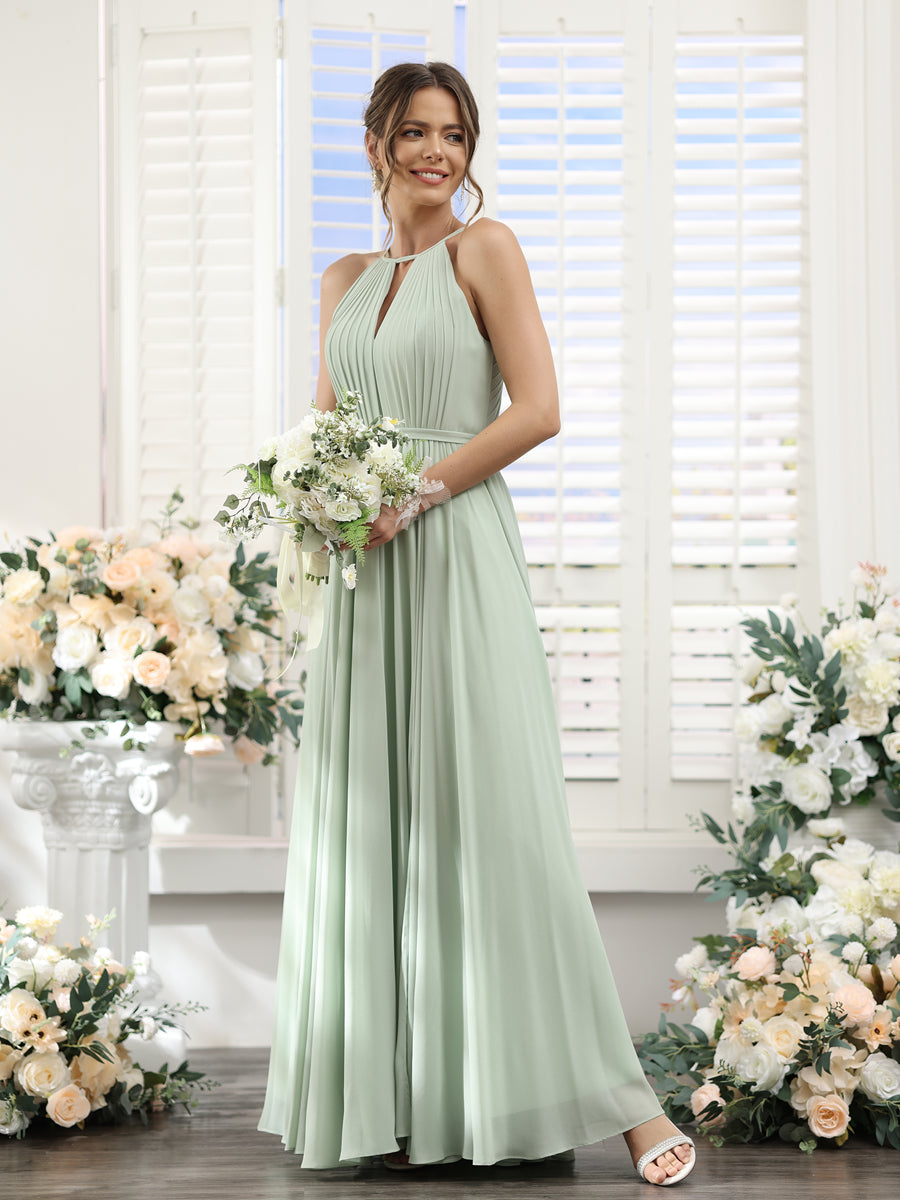 A-Line Halter Sleeveless Split Side Ruched Floor-Length Chiffon Bridesmaid Dresses