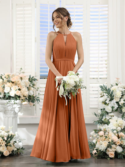 A-Line Halter Sleeveless Split Side Ruched Floor-Length Chiffon Bridesmaid Dresses