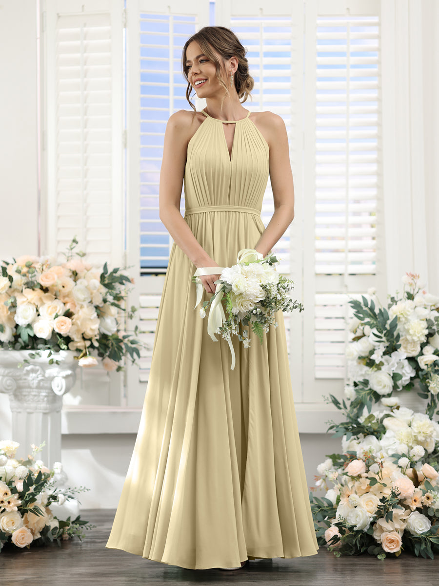 A-Line Halter Sleeveless Split Side Ruched Floor-Length Chiffon Bridesmaid Dresses