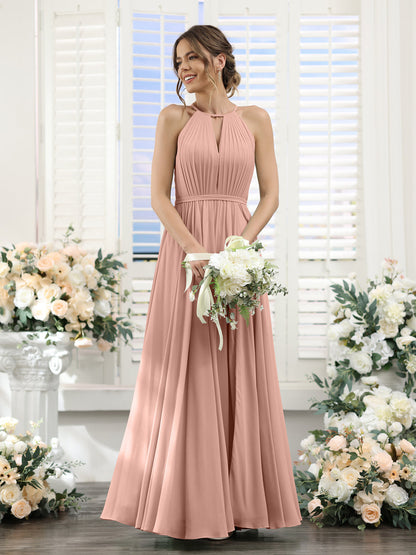 A-Line Halter Sleeveless Split Side Ruched Floor-Length Chiffon Bridesmaid Dresses