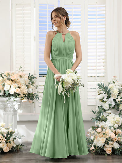 A-Line Halter Sleeveless Split Side Ruched Floor-Length Chiffon Bridesmaid Dresses