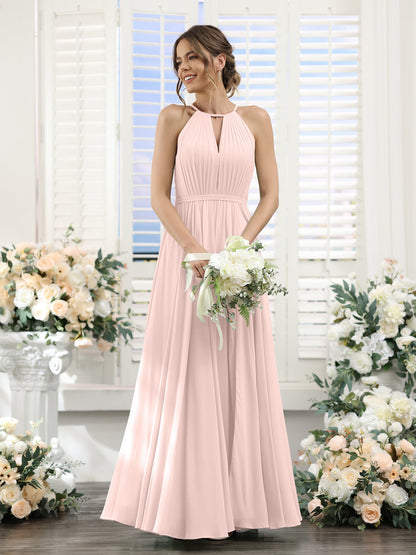 A-Line Halter Sleeveless Split Side Ruched Floor-Length Chiffon Bridesmaid Dresses