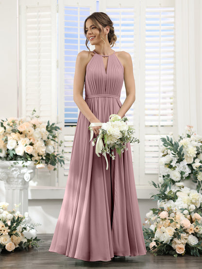 A-Line Halter Sleeveless Split Side Ruched Floor-Length Chiffon Bridesmaid Dresses