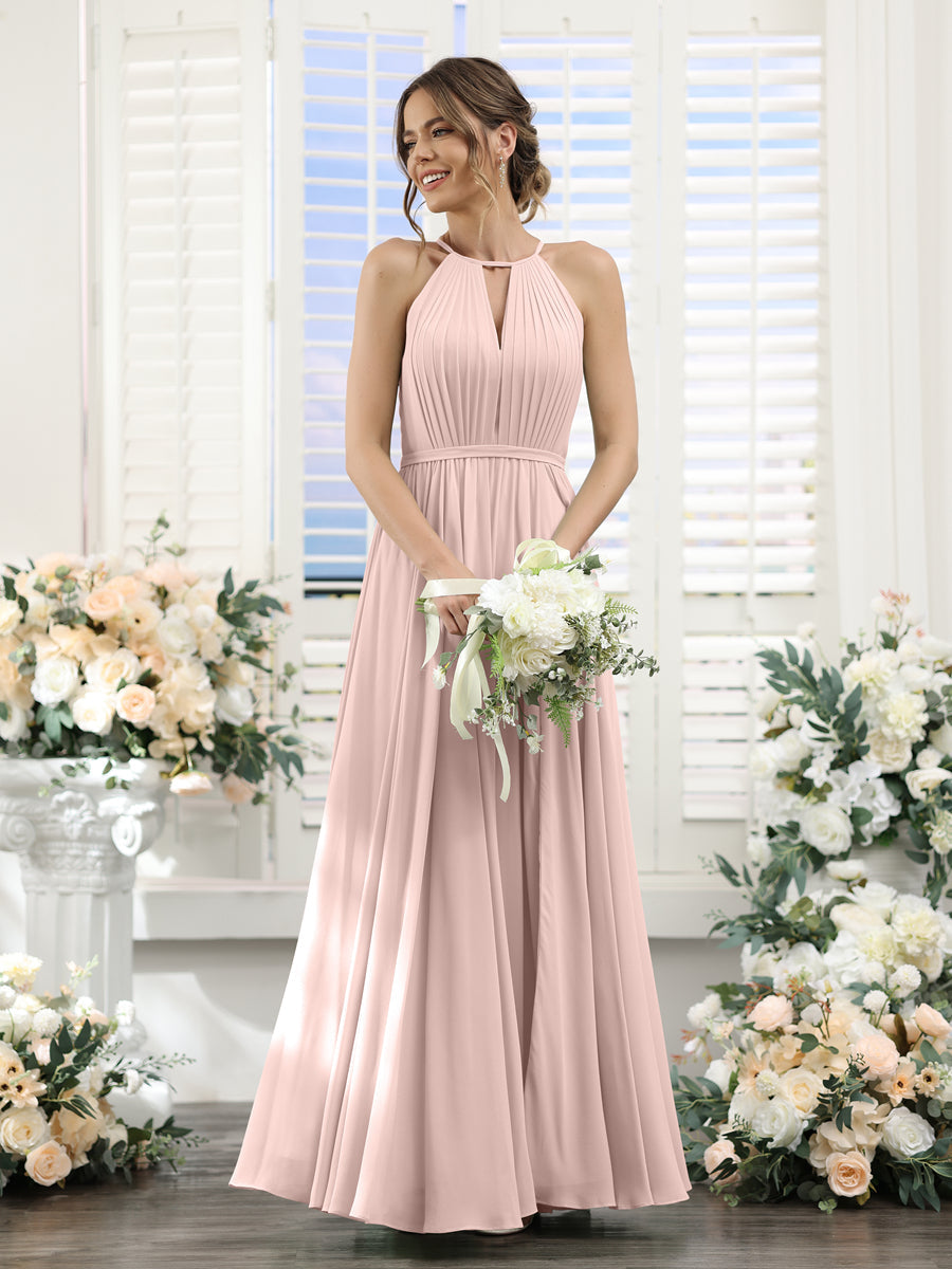 A-Line Halter Sleeveless Split Side Ruched Floor-Length Chiffon Bridesmaid Dresses