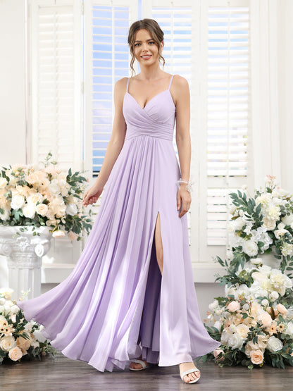 A-Line V-Neck Spaghetti Straps Sleeveless Split Side Floor-Length Chiffon Bridesmaid Dresses