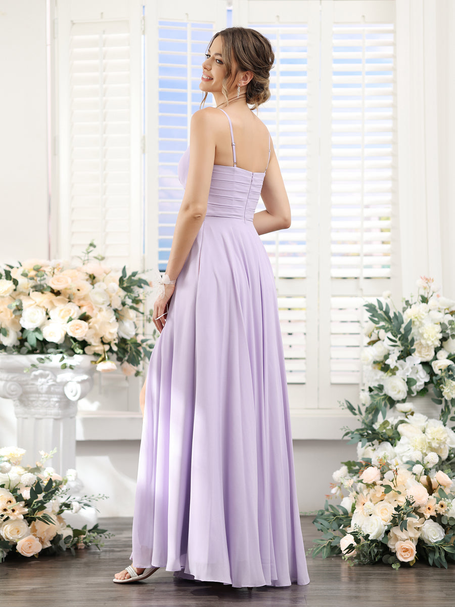 A-Line V-Neck Spaghetti Straps Sleeveless Split Side Floor-Length Chiffon Bridesmaid Dresses