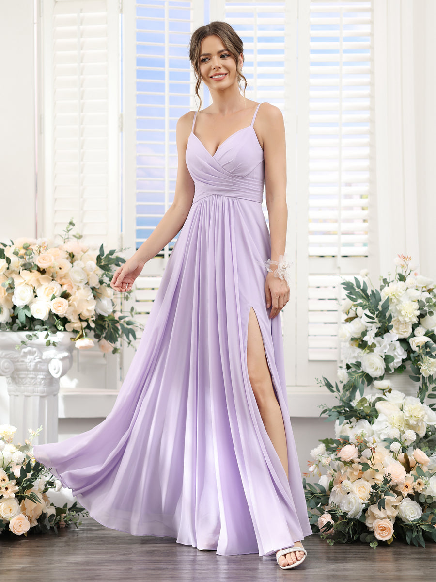 A-Line V-Neck Spaghetti Straps Sleeveless Split Side Floor-Length Chiffon Bridesmaid Dresses