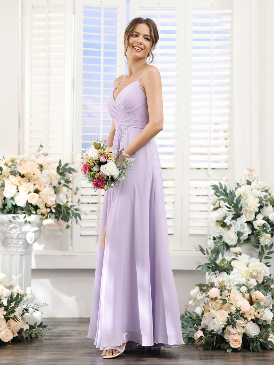 A-Line V-Neck Spaghetti Straps Sleeveless Split Side Floor-Length Chiffon Bridesmaid Dresses