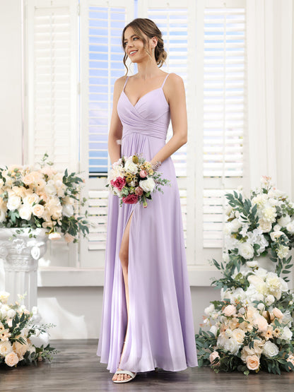 A-Line V-Neck Spaghetti Straps Sleeveless Split Side Floor-Length Chiffon Bridesmaid Dresses