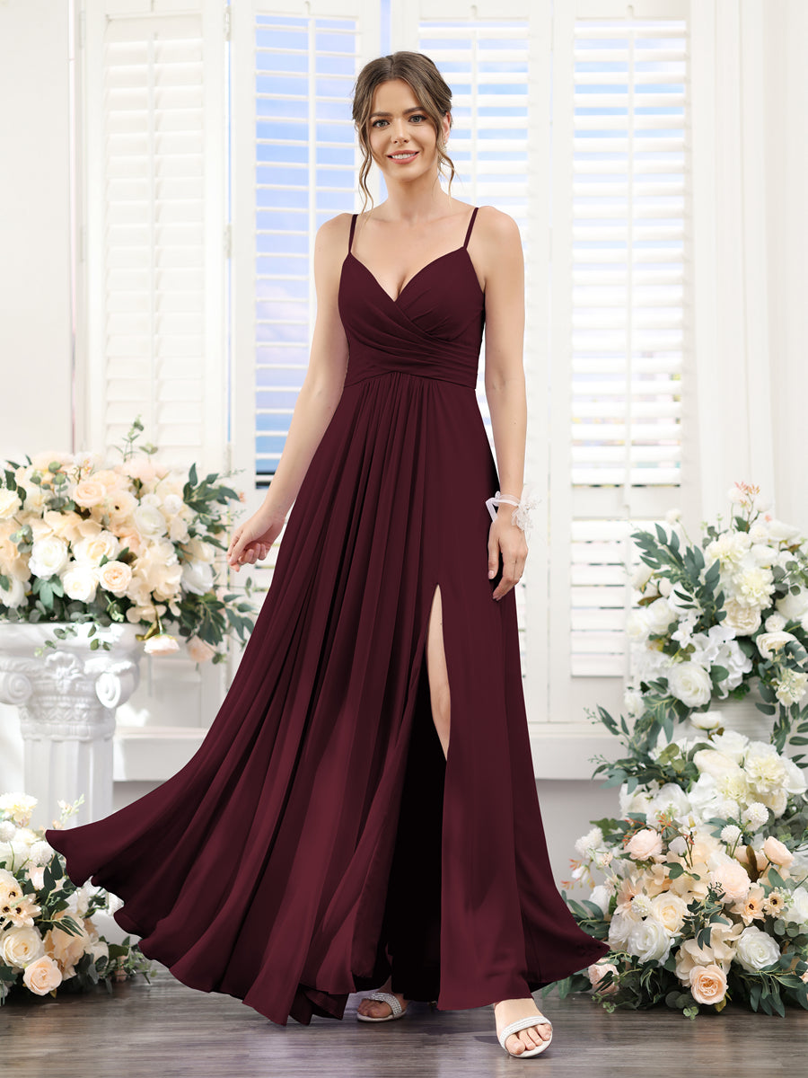 A-Line V-Neck Spaghetti Straps Sleeveless Split Side Floor-Length Chiffon Bridesmaid Dresses