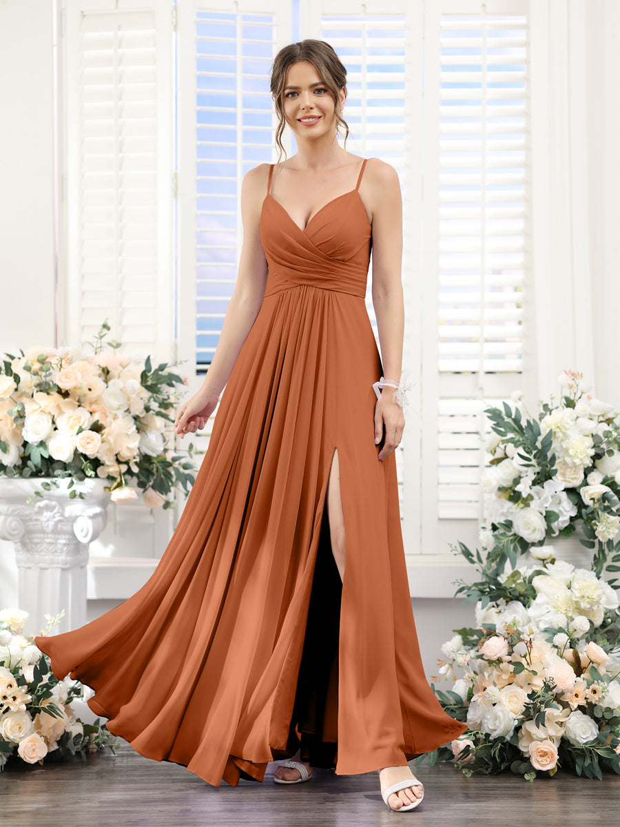 A-Line V-Neck Spaghetti Straps Sleeveless Split Side Floor-Length Chiffon Bridesmaid Dresses