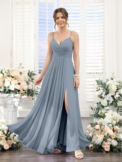 A-Line V-Neck Spaghetti Straps Sleeveless Split Side Floor-Length Chiffon Bridesmaid Dresses