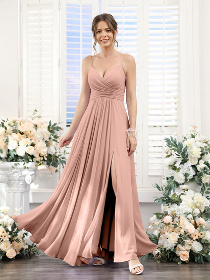 A-Line V-Neck Spaghetti Straps Sleeveless Split Side Floor-Length Chiffon Bridesmaid Dresses