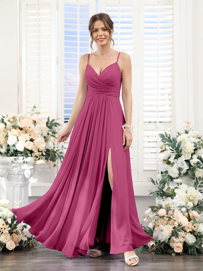 A-Line V-Neck Spaghetti Straps Sleeveless Split Side Floor-Length Chiffon Bridesmaid Dresses